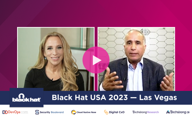 Two people speak during a virtual interview for Black Hat USA 2023 in Las Vegas, with event branding, sponsor logos, and Memcyco featured at the bottom.