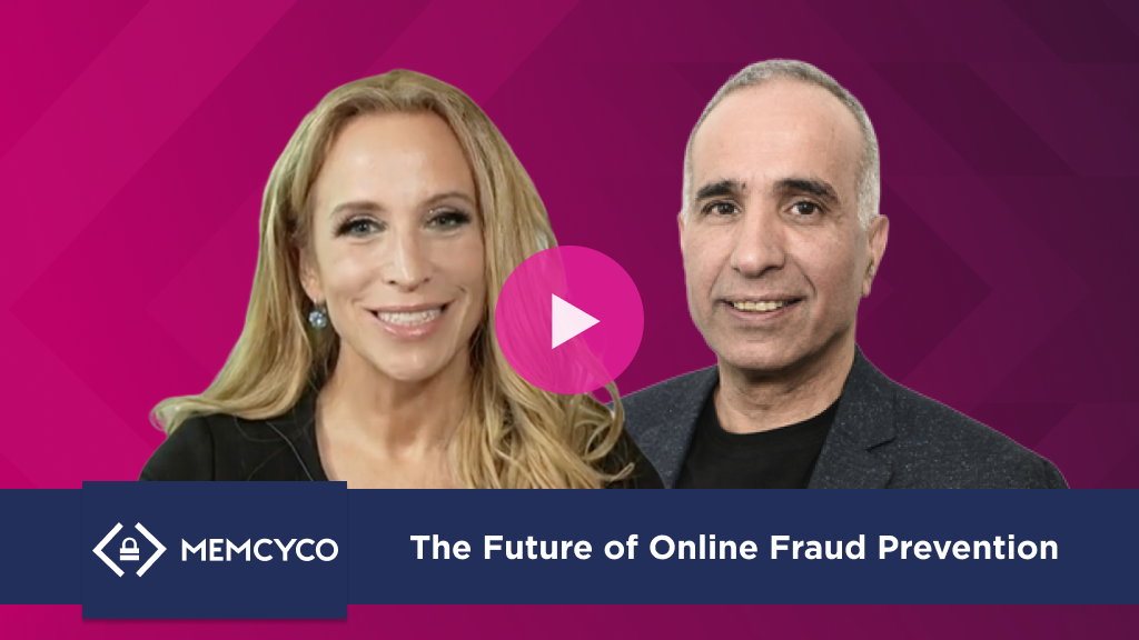 Two people stand before a pink geometric background with a play button overlay. Text reads: "MEMCYCO – The Future of Cybersecurity and Online Fraud Prevention.