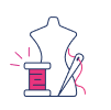 Outline of a dress form with a large spool of thread and needle with red thread beside it, representing sewing or tailoring in the context of retail or e-commerce fashion.