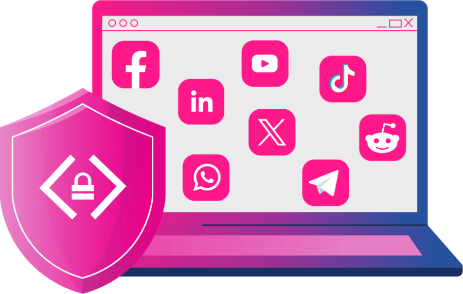Illustration of a laptop displaying icons of various social media platforms, with a pink security shield symbol in the foreground—perfect for showcasing Digital Business teams focused on secure online collaboration.