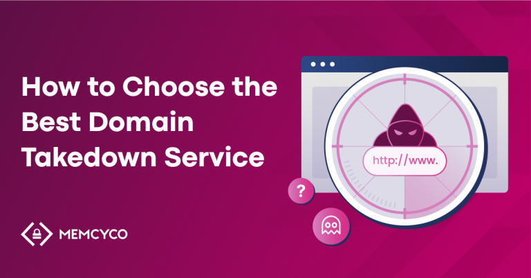 A graphic with text “How to Choose the Best Domain Takedown Service,” featuring a hooded figure inside a web browser illustration, with a target over a URL—highlighting the search for the best domain takedown service.