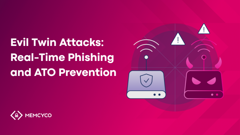 Two router icons, one normal and one with devil horns, are shown with alert symbols on a pink background, illustrating Evil Twin attack prevention. Text reads: "Evil Twin Attacks: Real-Time Phishing and ATO Prevention.